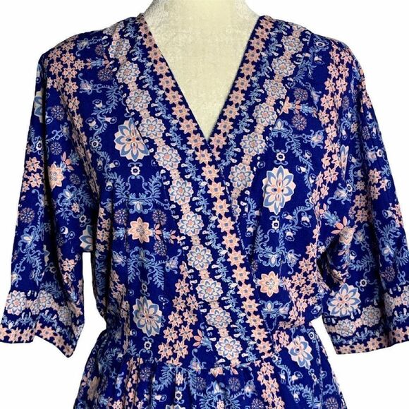 Japna Surplice Floral Shorts Romper S Blue Pockets - Picture 2 of 8